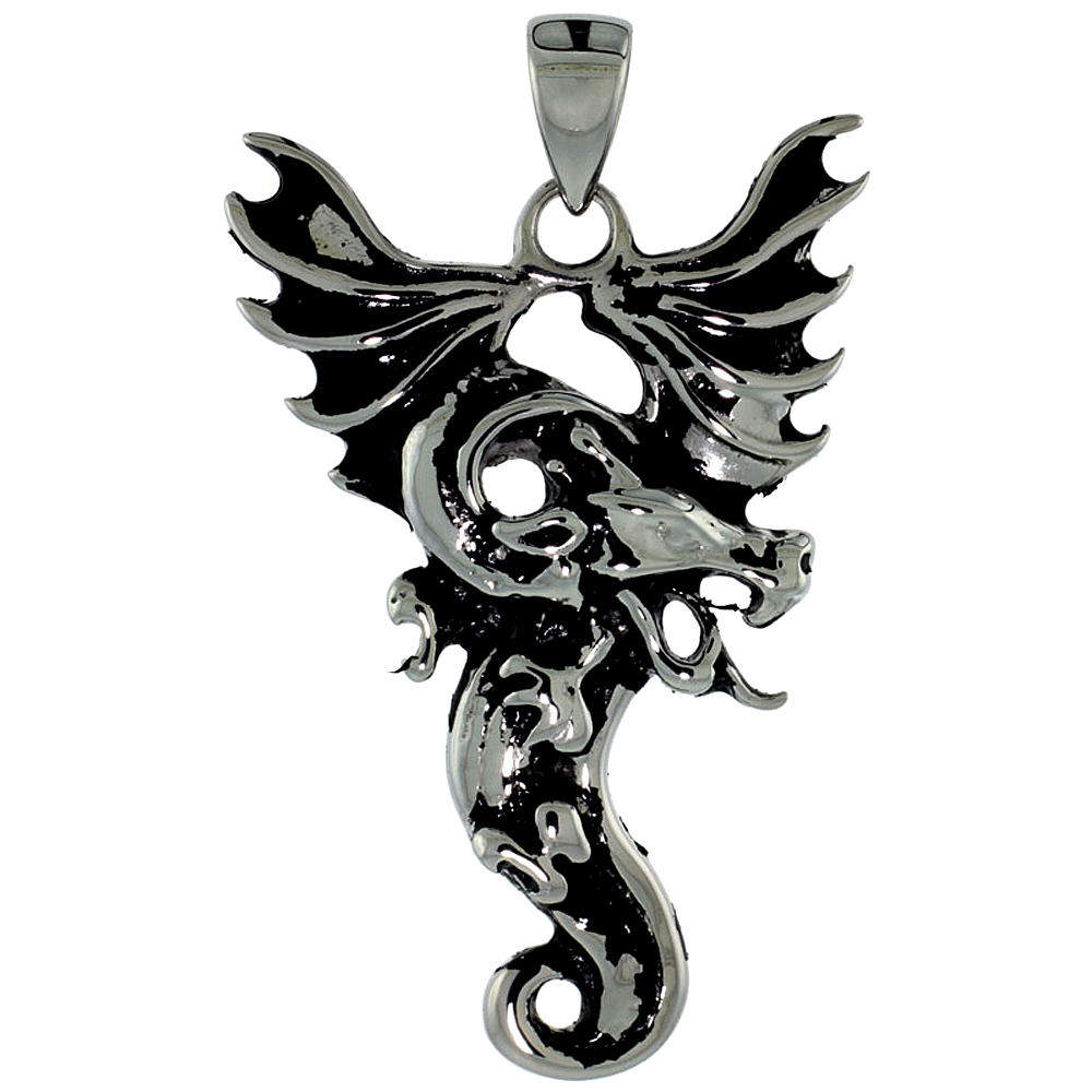 Stainless Steel Fiery Dragon Skull Biker Necklace, 1 3/4 inch tall with 30 inch chain