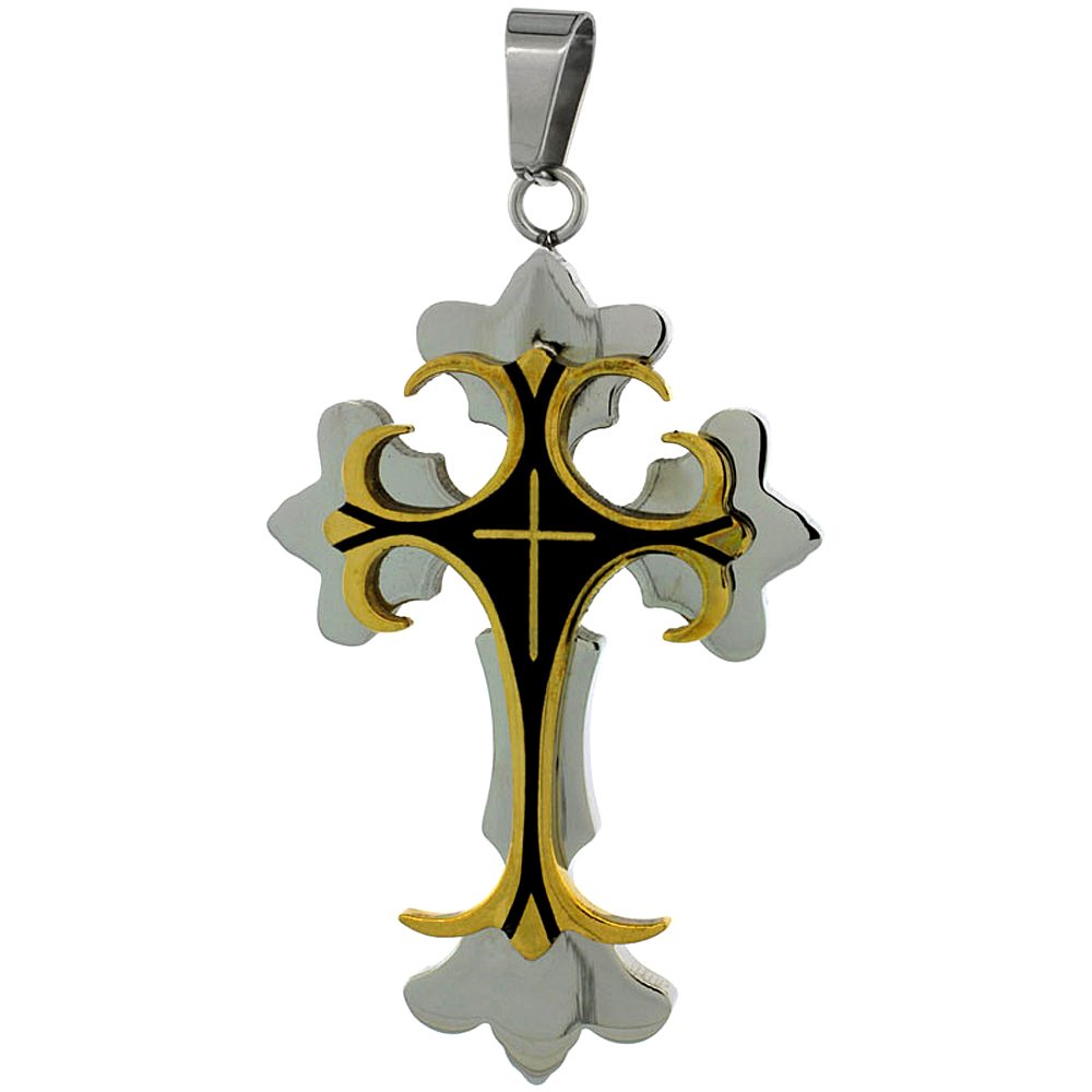 Stainless Steel Cross Fleury Necklace two-tone gold finish Black resin inlay, 2 1/4 inch tall with 30 inch chain