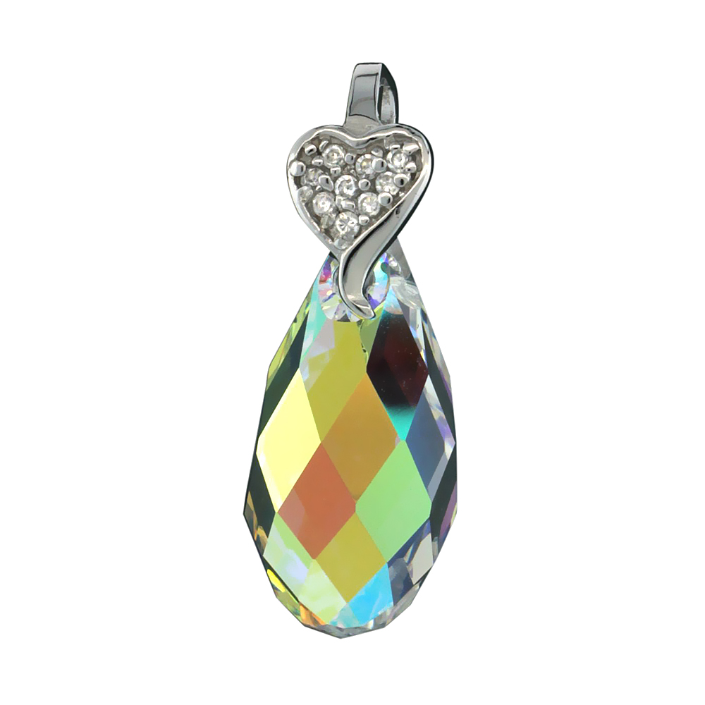 Sterling Silver Pendant w/ Yellow Briolette Swarovski Crystal & Cubic Zirconia Stones, 1 1/8 in. (58 mm) tall, Rhodium Finish