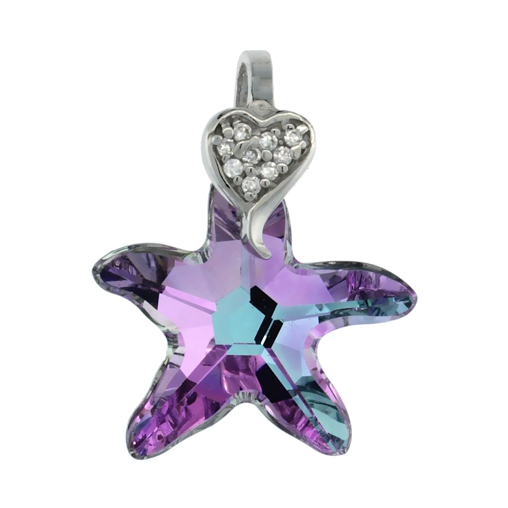 Sterling Silver Pendant w/ Purple Starfish Swarovski Crystal & Cubic Zirconia Stones, 1 in. (26 mm) tall, Rhodium Finish
