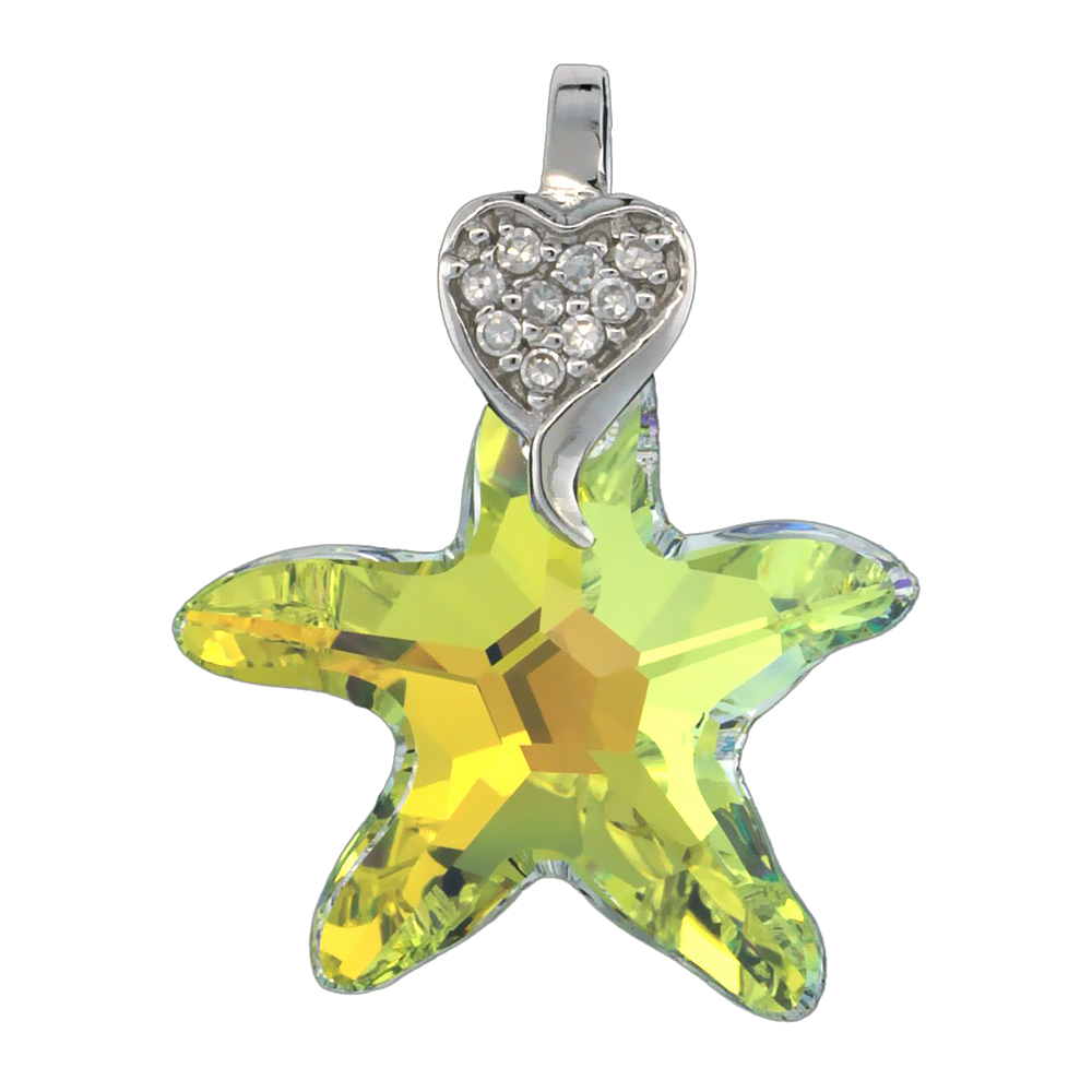 Sterling Silver Pendant w/ Yellow Starfish Swarovski Crystal &amp; Cubic Zirconia Stones Star, 1 in. (26 mm) tall, Rhodium Finish