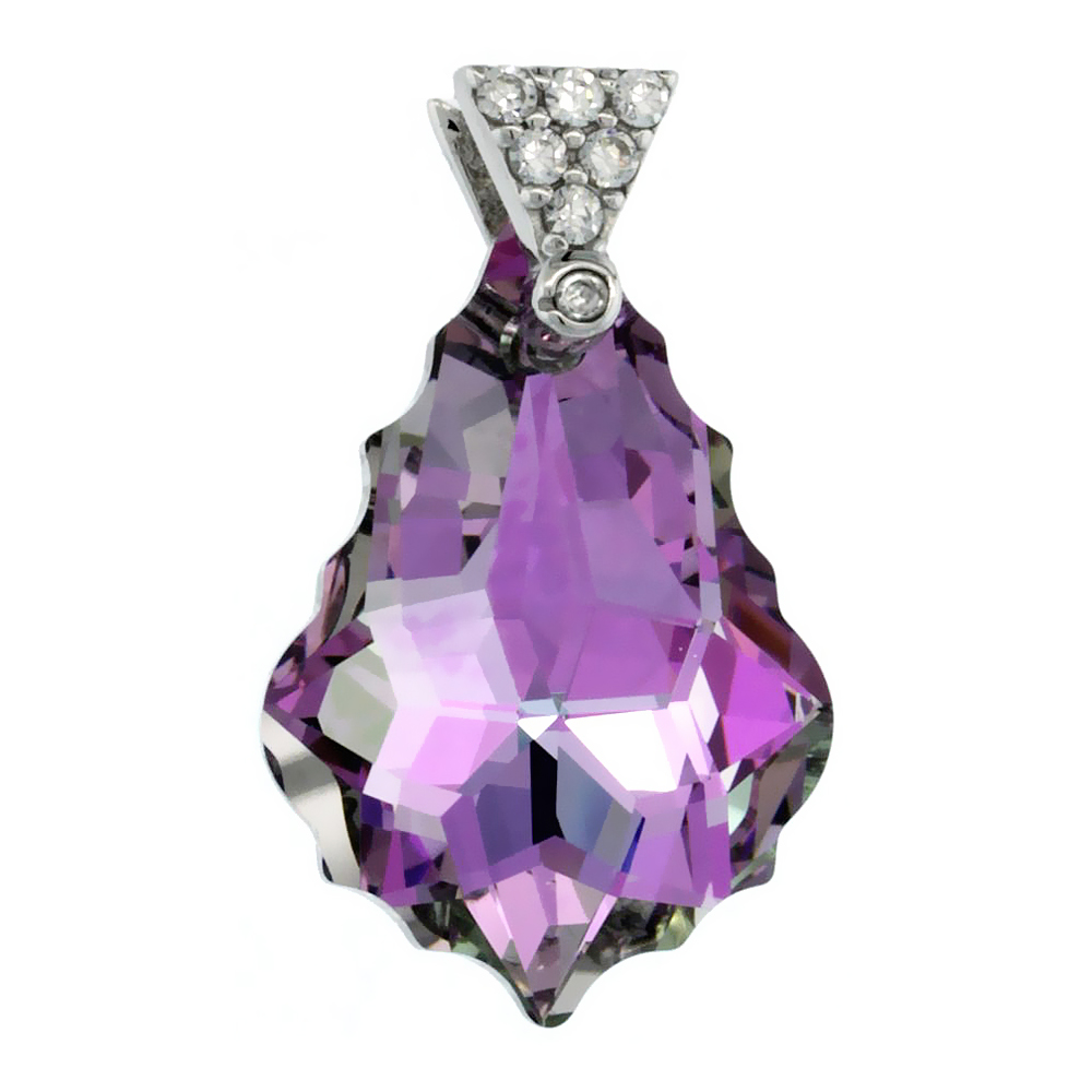 Sterling Silver Pendant w/ Purple Baroque Swarovski Crystal &amp; Cubic Zirconia Stones, 1 in. (25 mm) tall, Rhodium Finish