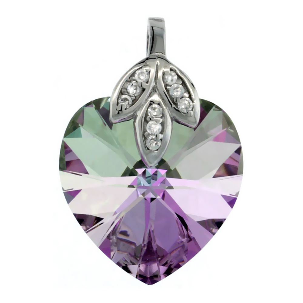Sterling Silver Pendant w/ Purple Heart Swarovski Crystal & Cubic Zirconia Stones, 1 in. (25 mm) tall, Rhodium Finish