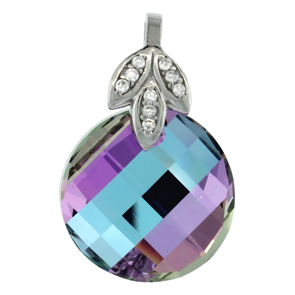 Sterling Silver Pendant w/ Purple Chessboard Round Swarovski Crystal & Cubic Zirconia Stones , 1 1/16 in. (27 mm) tall, Rhodium Finish