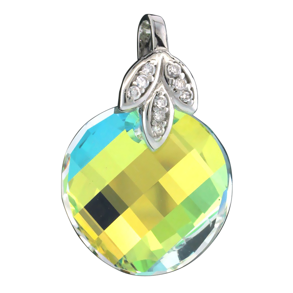 Sterling Silver Pendant w/ Yellow Chessboard Round Swarovski Crystal & Cubic Zirconia Stones, 1 1/16 in. (27 mm) tall, Rhodium Finish