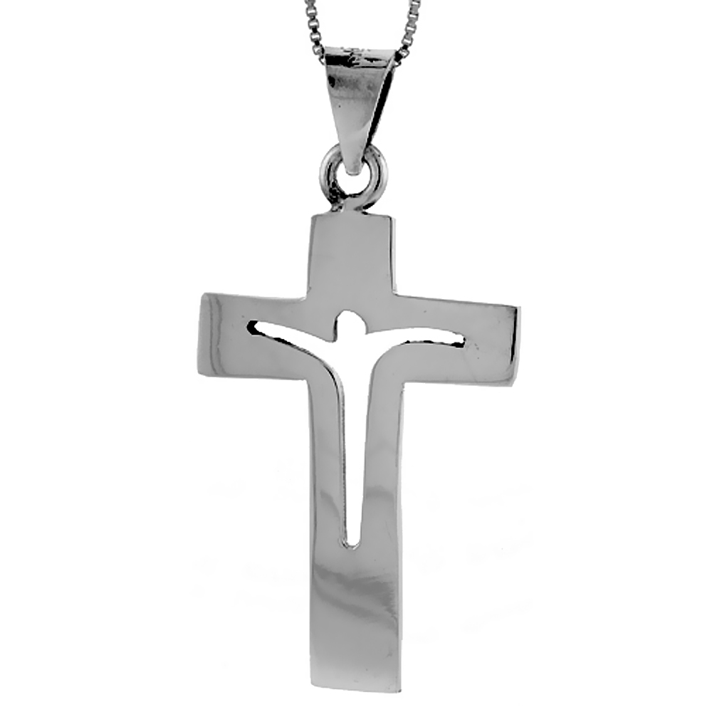 Sterling Silver Crucifix Pendant Cut-out Jesus Highly Polished Handmade, 1 7/8 inch