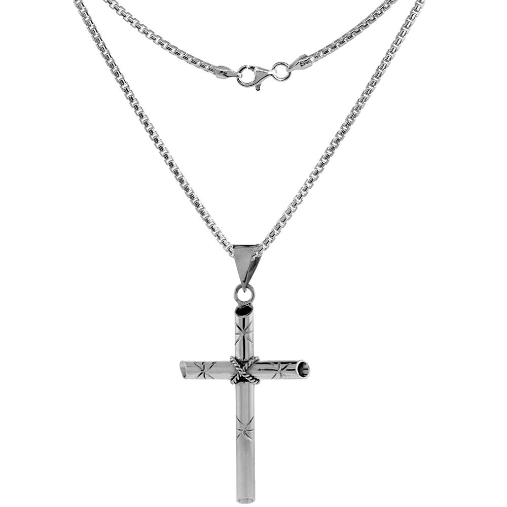 Sterling Silver Large Rope Cross Necklace Handmade 2 1/2 inch tall 2mm Round Box