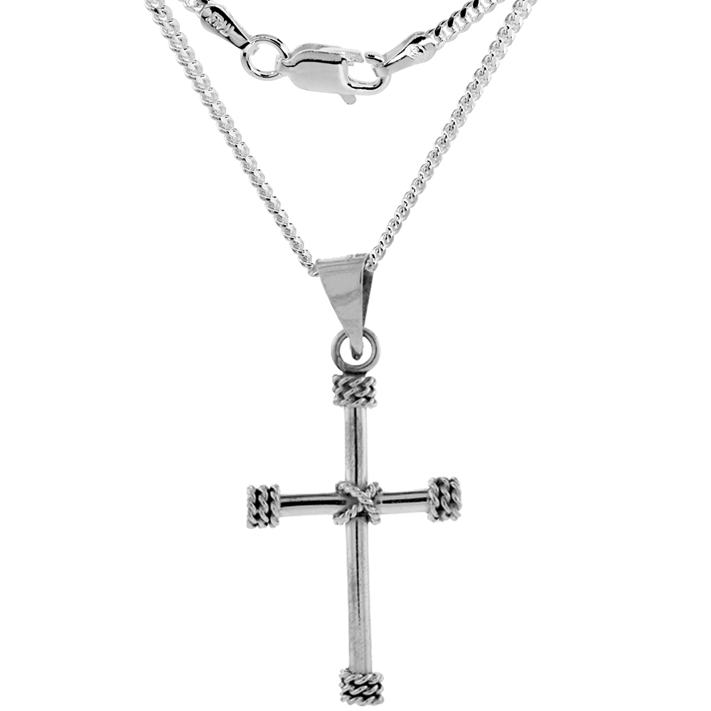 Sterling Silver Rope Cross Necklace Handmade 1 5/8 inch tall 2mm Cuban Link Chain 