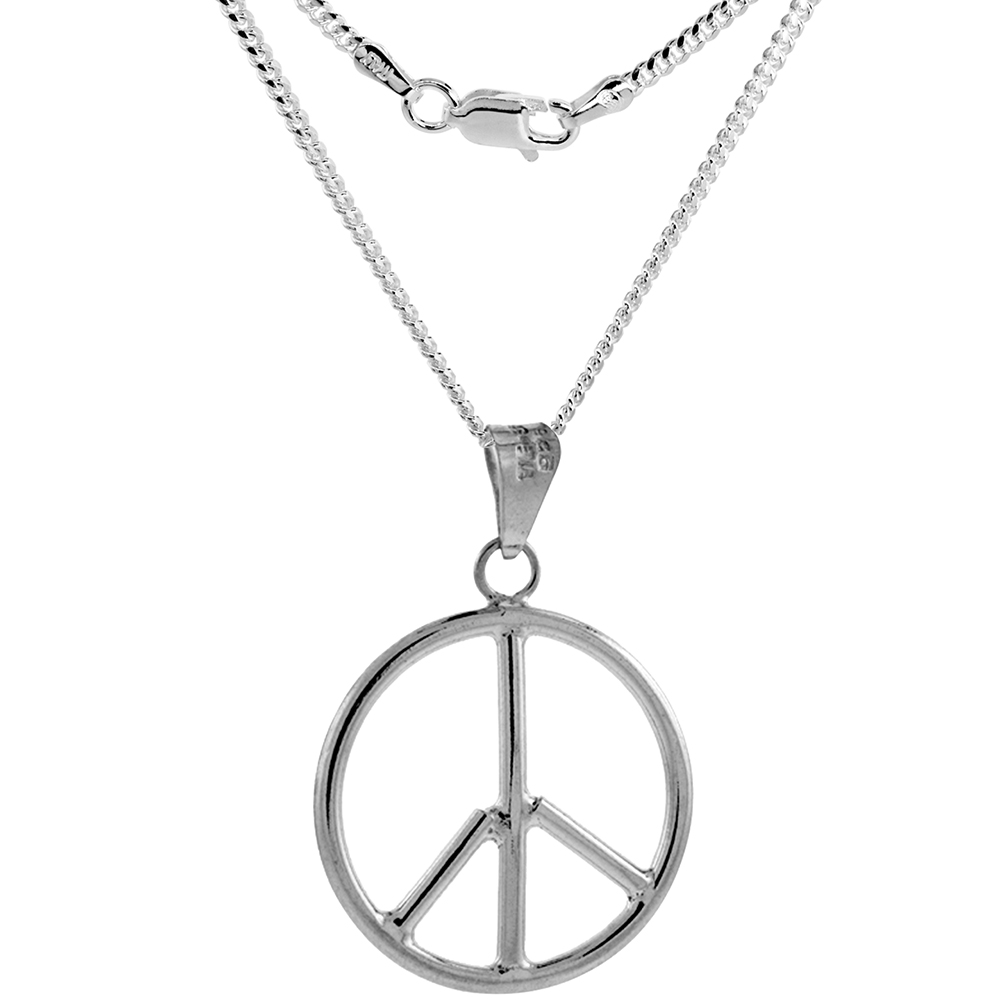 Sterling Silver Large Peace Sign Necklace Handmade 1 1/2 inch (39 mm) Round 2mm Cuban Link Chain