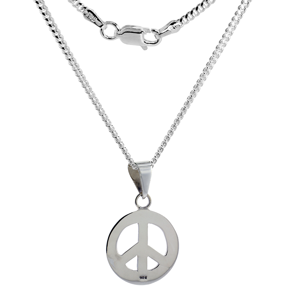 Sterling Silver Peace Sign Necklace Handmade 1 1/16 inch (27 mm) Round 2mm Cuban Link Chain