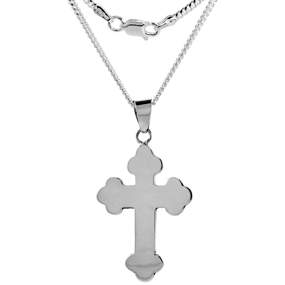 1 7/8 inch Sterling Silver Plain Polished Budded Cross Necklace Handmade 47mm tall 2mm Cuban Link Chain