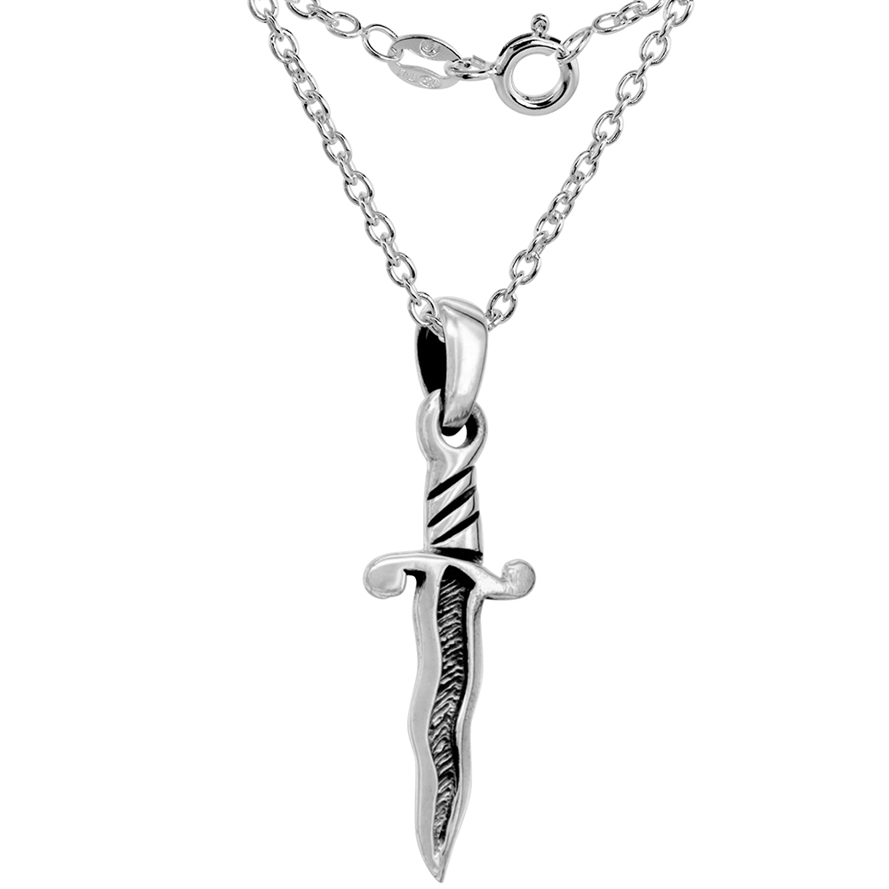Sterling Silver Wavy Blade Dagger Necklace Handmade 1 1/8 inch (29mm) tall 2mm Cable Chain