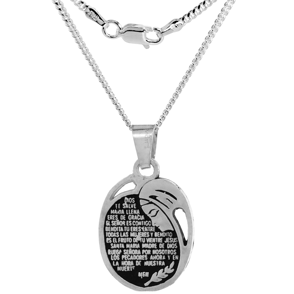 1 inch Sterling Silver Dios te salve Maria Spanish Hail Mary Prayer Necklace Handmade 25mm with 2mm Cuban Link Chain