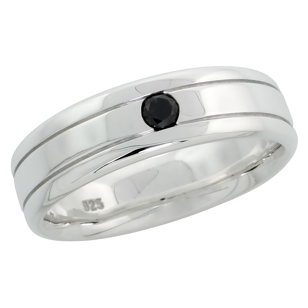 Sterling Silver Gent&#039;s Grooved Diamond Ring Band w/ Single Stone (0.14 Carat) Brilliant Cut Black Diamond, 1/4&quot; (6 mm) wide