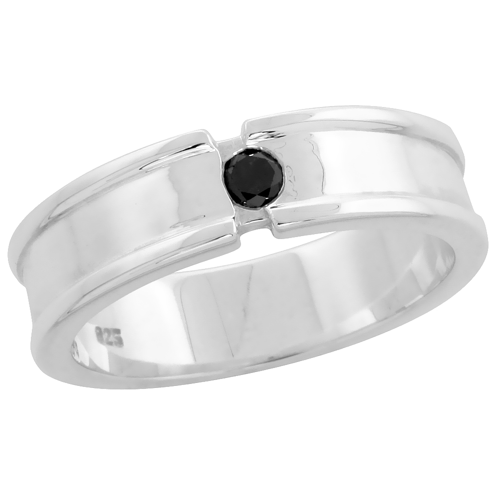 Sterling Silver Raised Edges Diamond Ring Band w/ Single Stone (0.12 Carat) Brilliant Cut Black Diamond, 1/4" (6 mm) wide