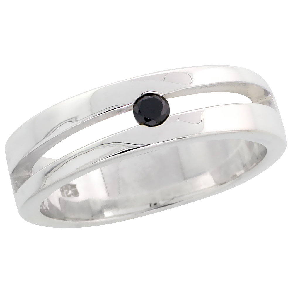 Sterling Silver Slant Cut Out Diamond Ring Band w/ Single Stone (0.11 Carat) Brilliant Cut Black Diamond, 1/4" (6 mm) wide