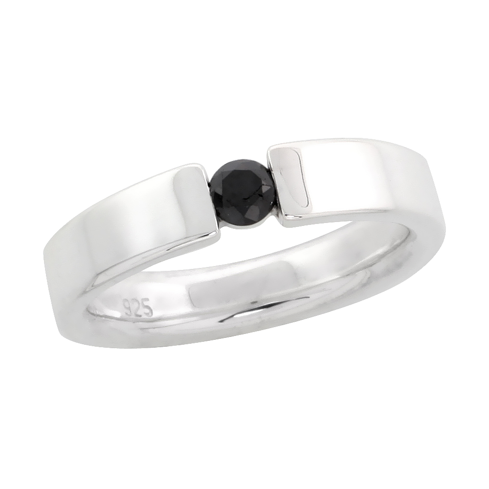 Sterling Silver Diamond Tension Ring Band w/ Single Stone (0.24 Carat) Brilliant Cut Black Diamond, 5/32&quot; (4 mm) wide