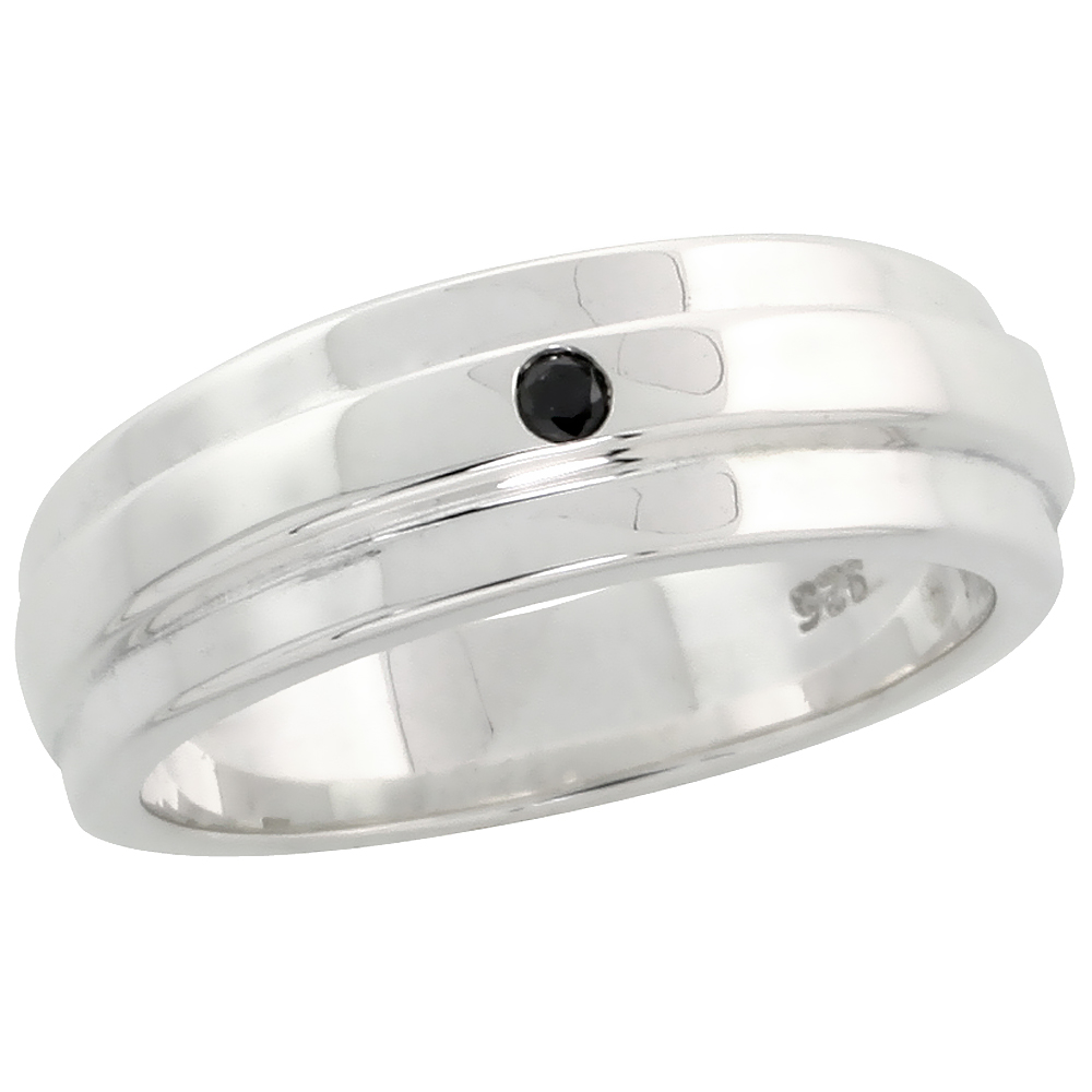 Sterling Silver Raised Center Diamond Ring Band w/ Single Stone (0.02 Carat) Brilliant Cut Black Diamond, 1/4" (6 mm) wide