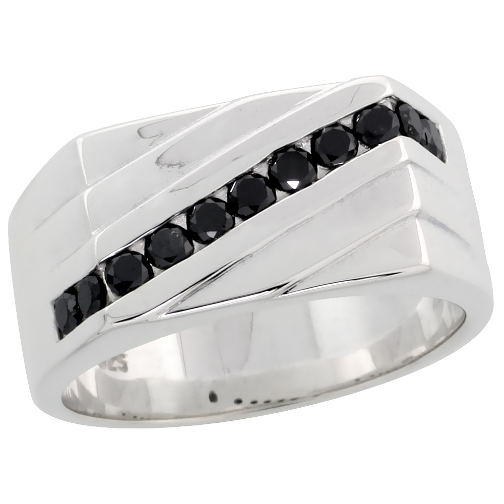 Sterling Silver Diagonal Striped Diamond Ring Band w/ Eleven Stone (0.56 Carat) Brilliant Cut Black Diamonds, 3/8" (10 mm) wide