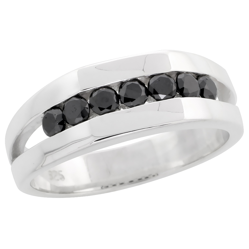 Sterling Silver Seven Stone Miracle Diamond Ring Band w/ Brilliant Cut (0.72 Carat) Black Diamonds, 9/32&quot; (7 mm) wide