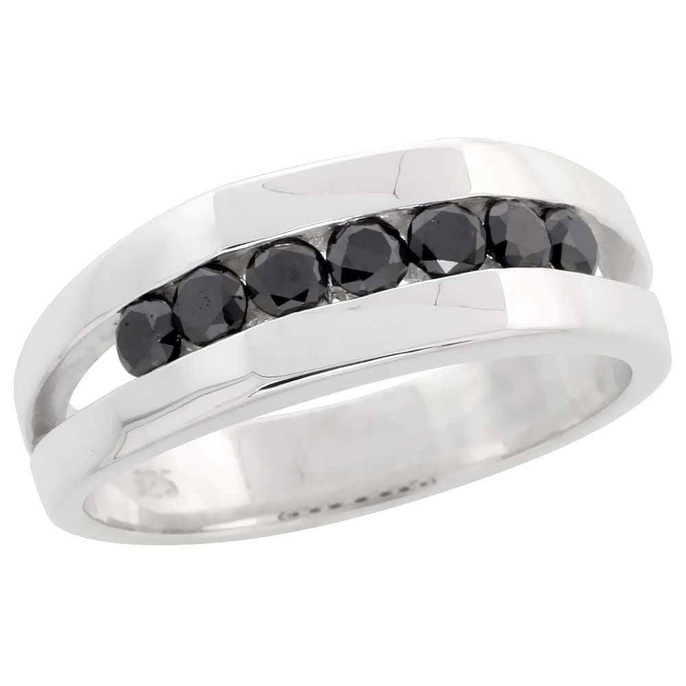 Sterling Silver Seven Stone Miracle Diamond Ring Band w/ Brilliant Cut (0.72 Carat) Black Diamonds, 9/32" (7 mm) wide