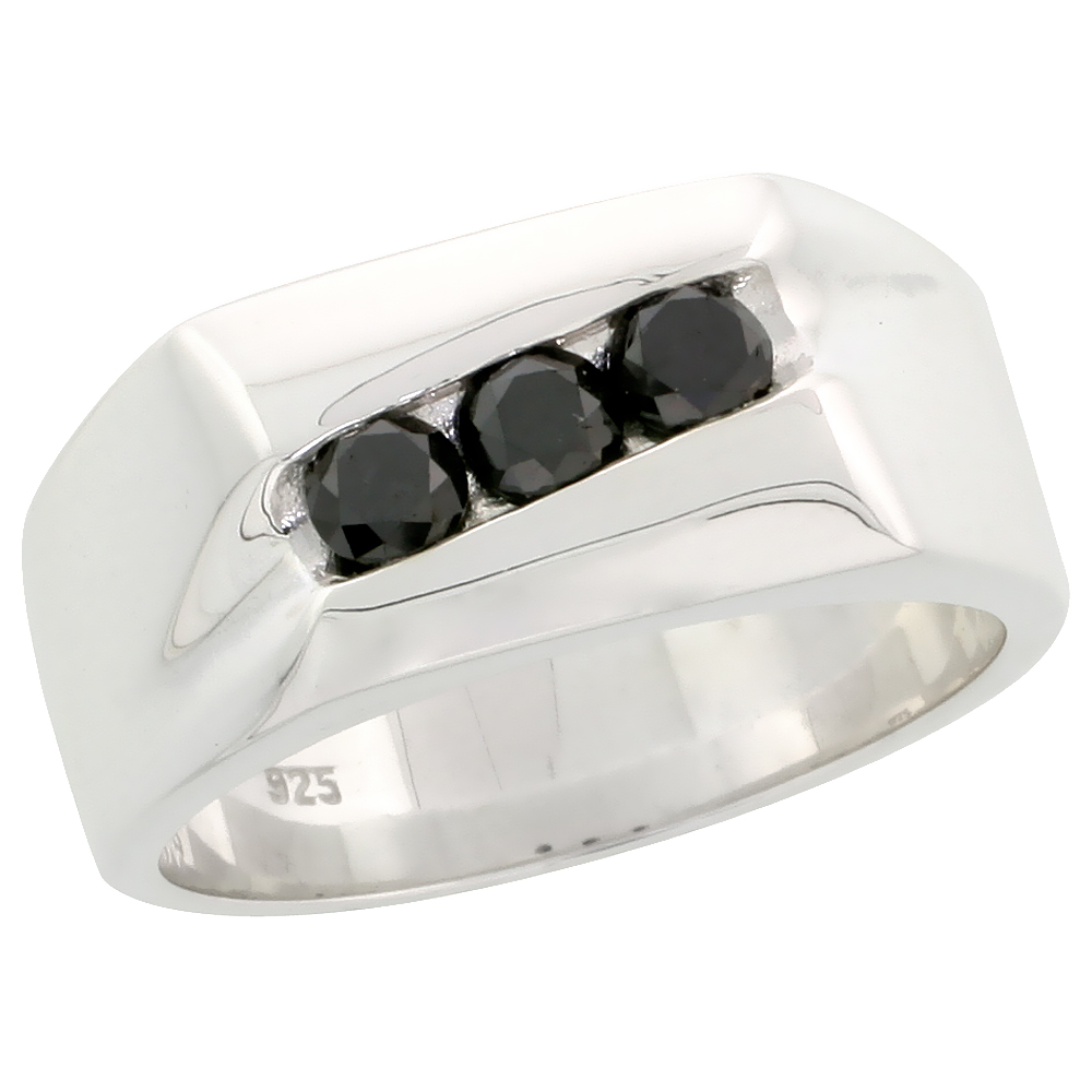 Sterling Silver 3-Stone Diamond Ring Band w/ Brilliant Cut (0.70 Carat) Black Diamonds, 3/8&quot; (9.5 mm) wide