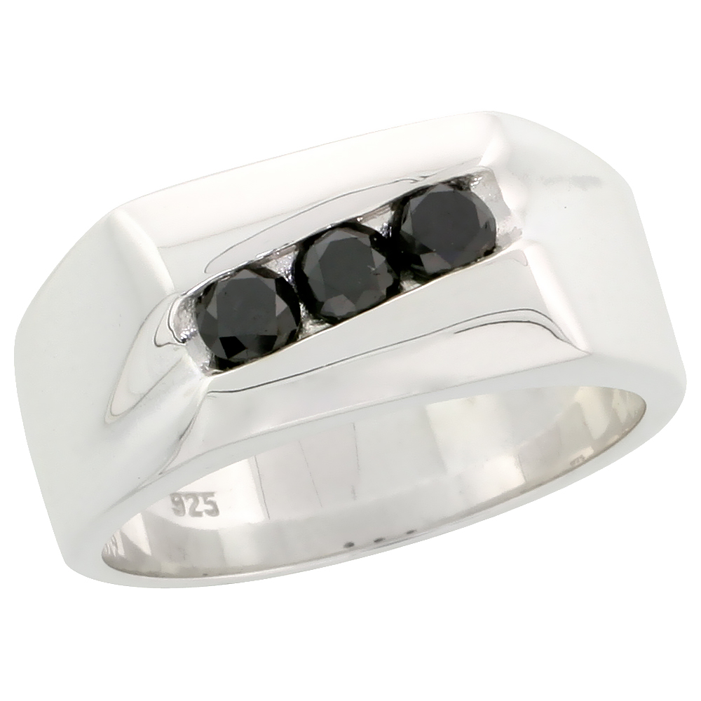 Sterling Silver 3-Stone Diamond Ring Band w/ Brilliant Cut (0.70 Carat) Black Diamonds, 3/8" (9.5 mm) wide