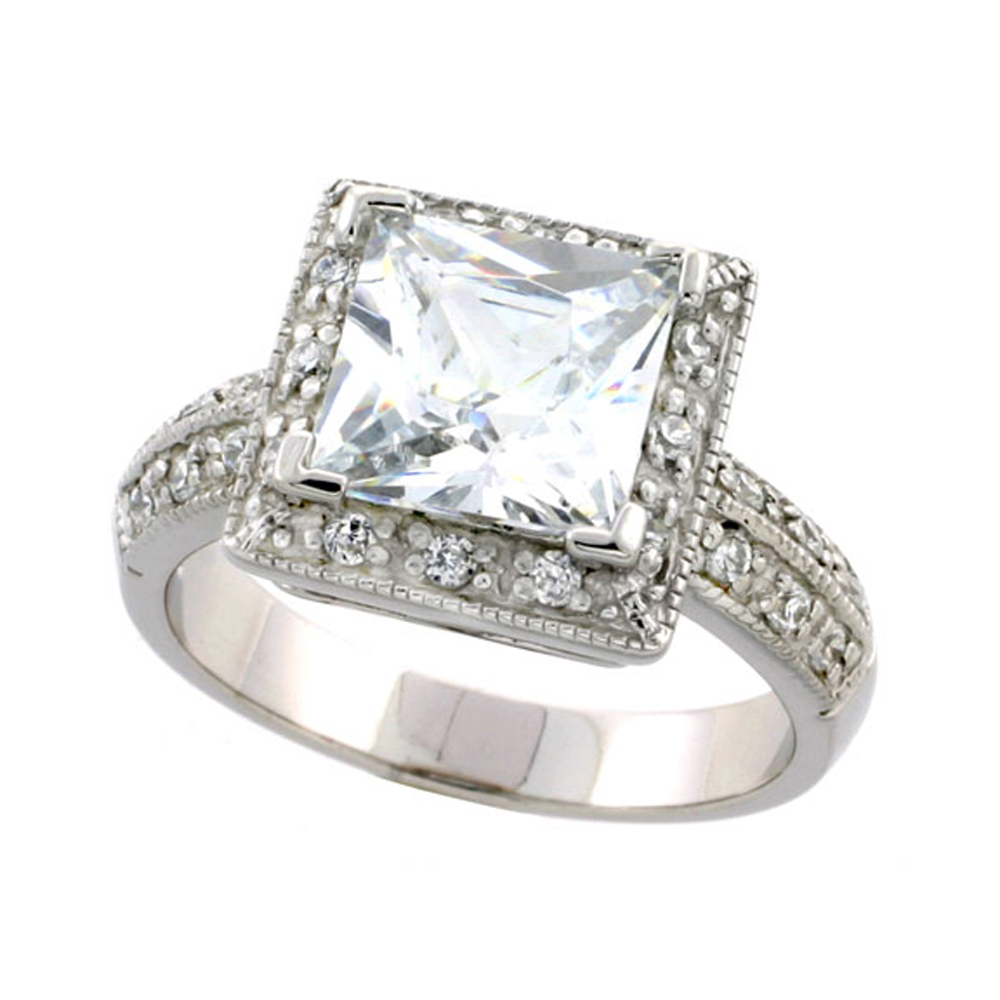 Sterling Silver Vintage Style Halo Style Cubic Zirconia Ring with 7 mm (2 carat size) Princess Cut CZ Center Stone, 3/8 inch (9 mm) wide