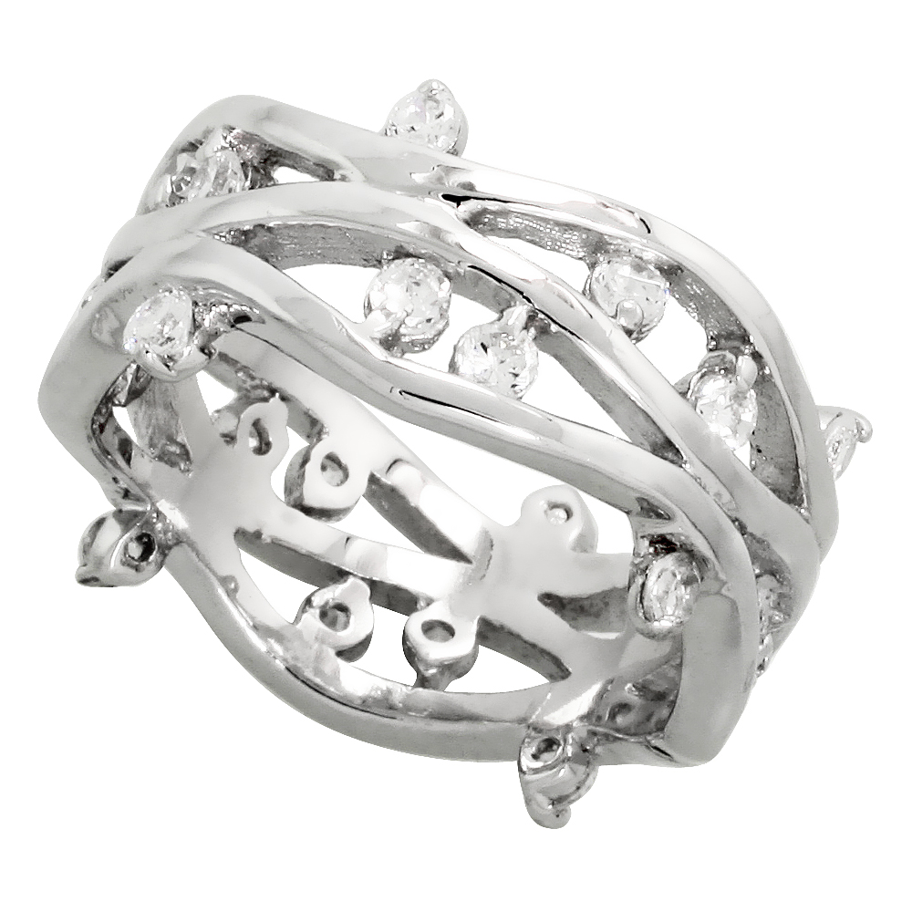 Sterling Silver Vine Pattern Cubic Zirconia Ring with High Quality Brilliant Cut CZ Stones, 3/8 inch (10 mm) wide