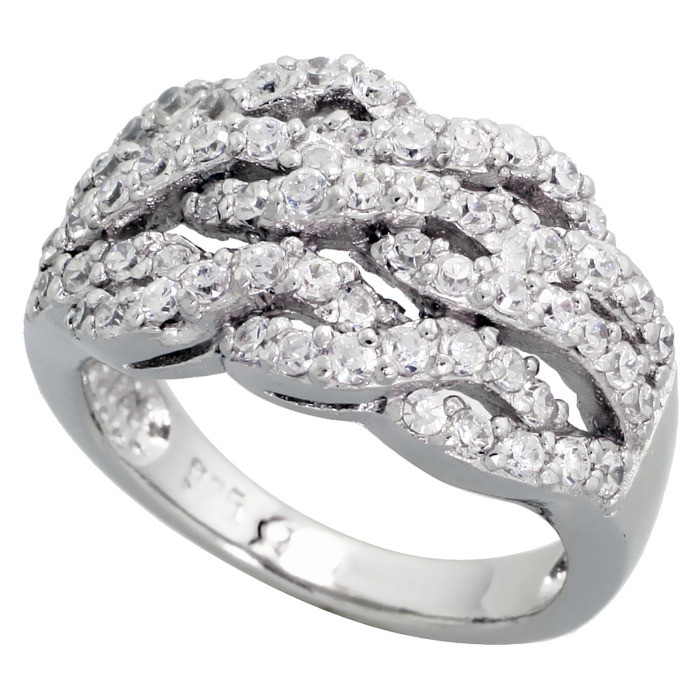 Sterling Silver Triple Rope Pattern Cubic Zirconia Ring with High Quality Brilliant Cut Stones, 1/2 inch (12 mm) wide