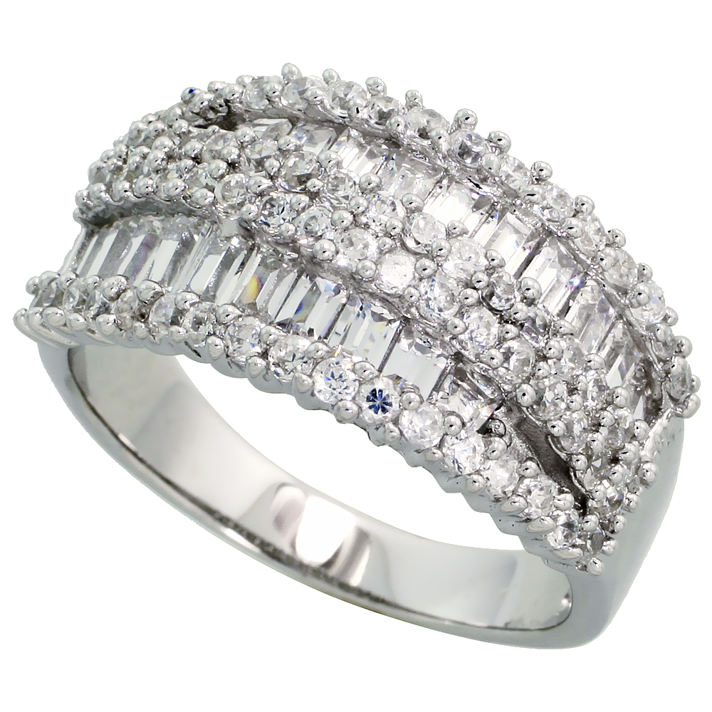 Sterling Silver Cigar Band Cocktail Cubic Zirconia Ring with High Quality Brilliant &amp; Baguette Cut Stones, 1/2 inch (12 mm) wide