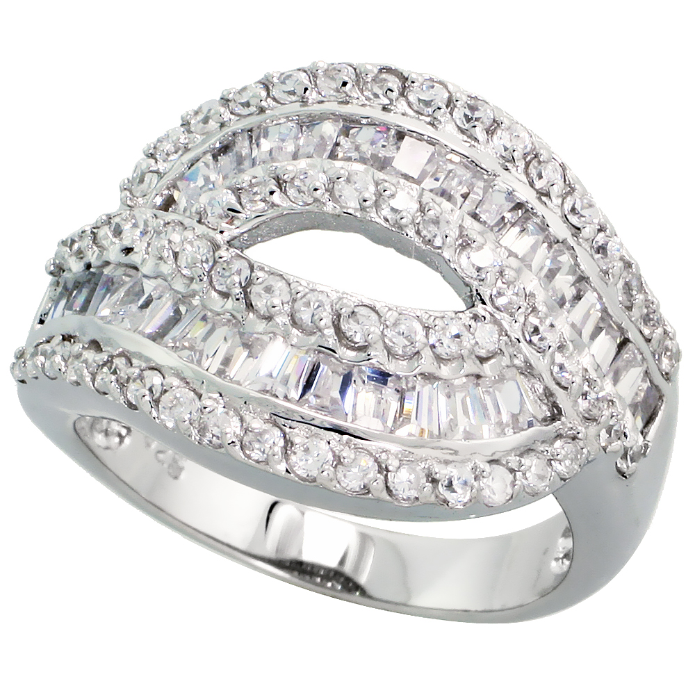 Sterling Silver Cocktail Cubic Zirconia Ring with High Quality Brilliant & Baguette Cut Stones, 11/16 inch (17 mm) wide