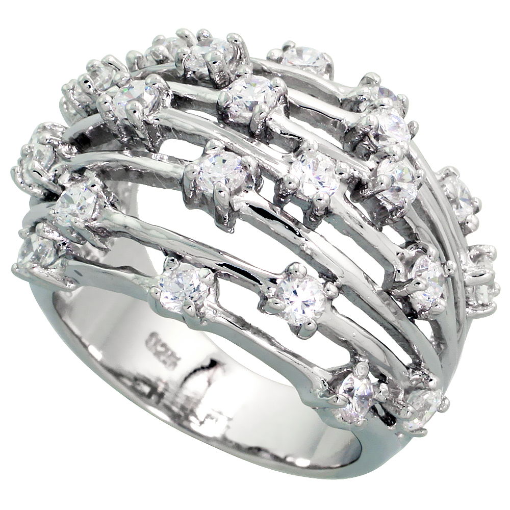 Sterling Silver Domed Wire Cubic Zirconia Ring with High Quality Brilliant Cut Stones, 11/16 inch (17 mm) wide