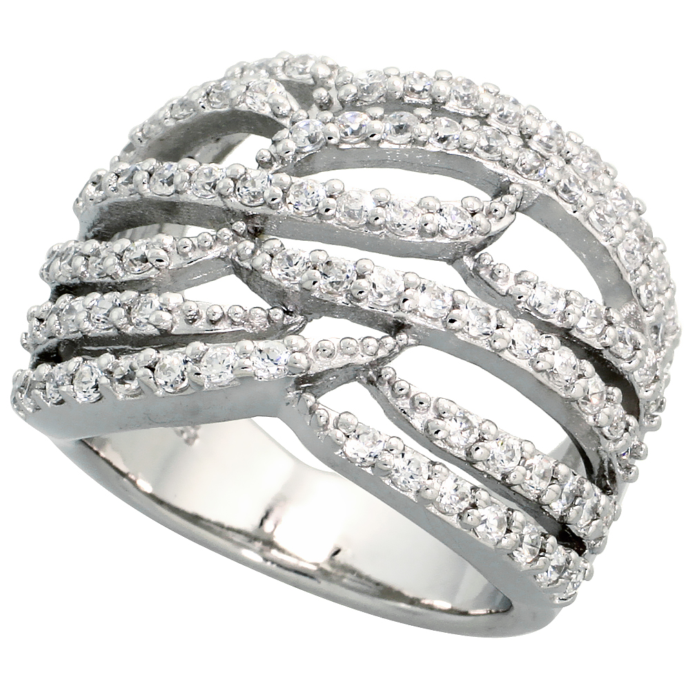 Sterling Silver Flames Pattern Cubic Zirconia Ring with High Quality Brilliant Cut Stones, 11/16 inch (17 mm) wide