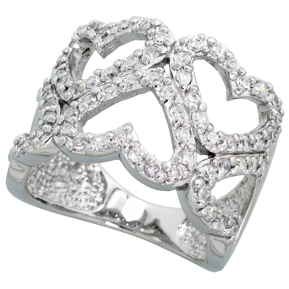 Sterling Silver Hearts Cut Out Cubic Zirconia Ring with High Quality Brilliant Cut CZ Stones, 5/8 inch (16 mm) wide