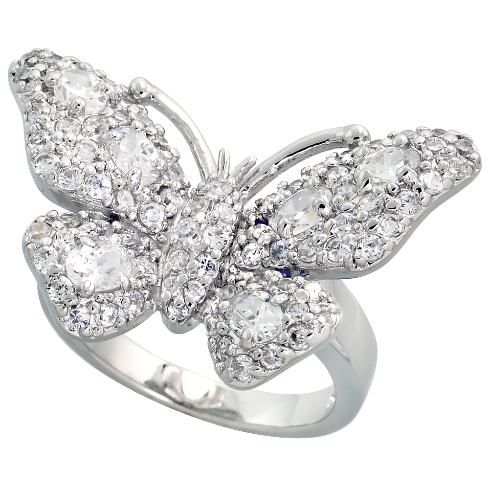 Sterling Silver Butterfly Cubic Zirconia Ring Covered with assorted High Quality CZ Stones, 1 1/2 inch (30 mm) wide