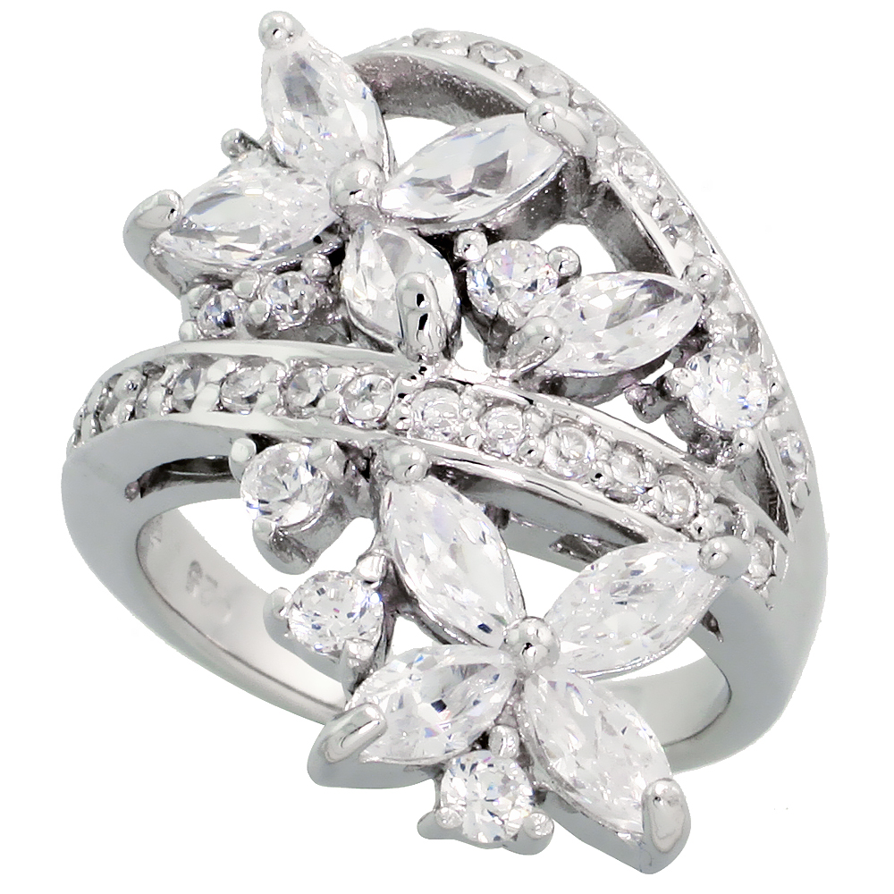 Sterling Silver Flower Garden Cubic Zirconia Ring with 1/4 carat size Marquise Cut Stones, 1 1/8 inch (28 mm) wide