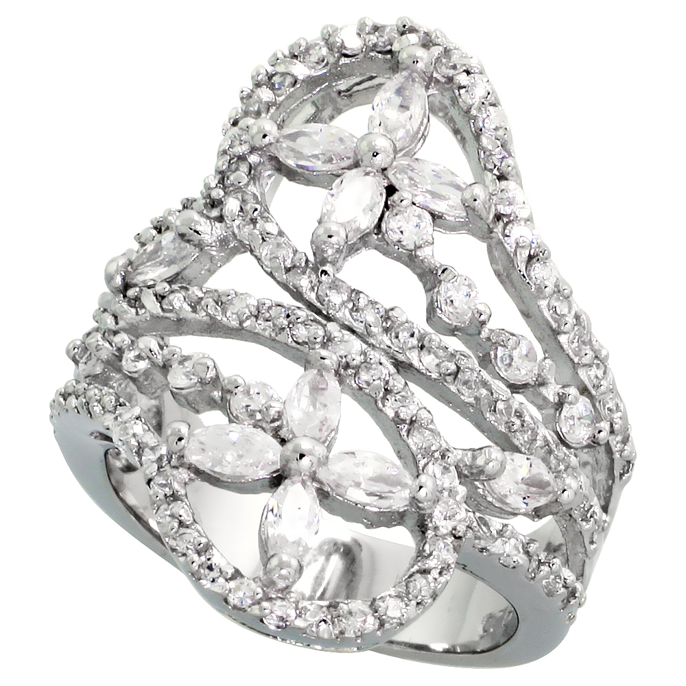 Sterling Silver Flower Pattern Cubic Zirconia Spoon Ring with 1/10 carat size Marquise Cut Stones, 1 1/16 inch (27 mm) wide