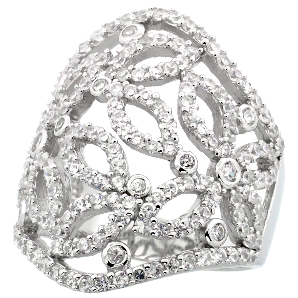 Sterling Silver Butterfly Cigar Band Cubic Zirconia Ring with High Quality Brilliant Cut CZ Stones, 1 1/8 inch (28 mm) long