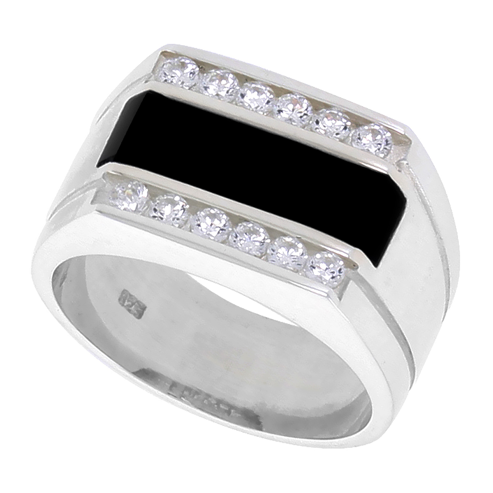 Sterling Silver Mens Rectangular Black Onyx Ring 2 Grooves CZ Accent 1/2 inch wide, sizes 8 - 13