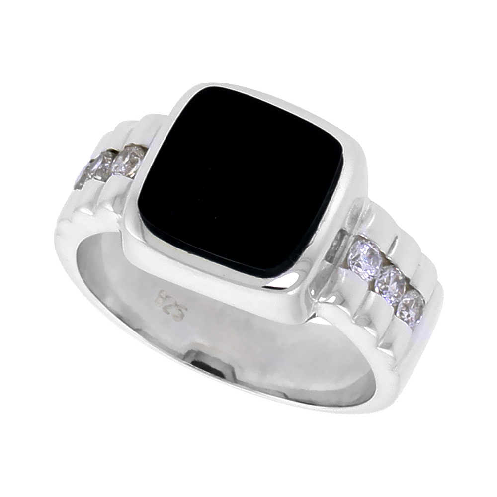 Sterling Silver Mens Black Onyx Ring Square CZ Accent 1/2 inch wide, sizes 8 - 13