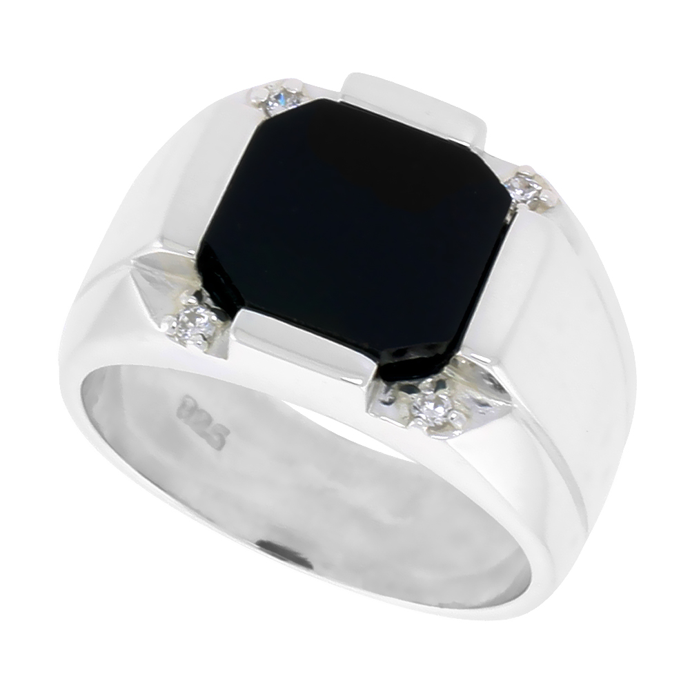 Sterling Silver Mens Octagon Black Onyx Ring 2 Grooves CZ Accent 1/2 inch wide, sizes 8 - 13