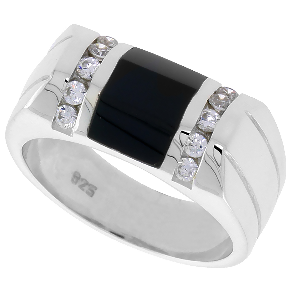 Sterling Silver Mens Rectangular Black Onyx Ring Beveled 2 Grooves CZ Accent 3/8 inch wide, sizes 8 - 13