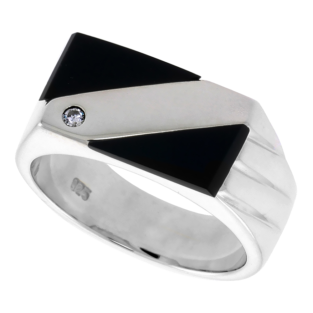 Sterling Silver Mens Double Triangle Black Onyx Ring 3 Grooves CZ Accent 3/8 inch wide, sizes 8 - 13
