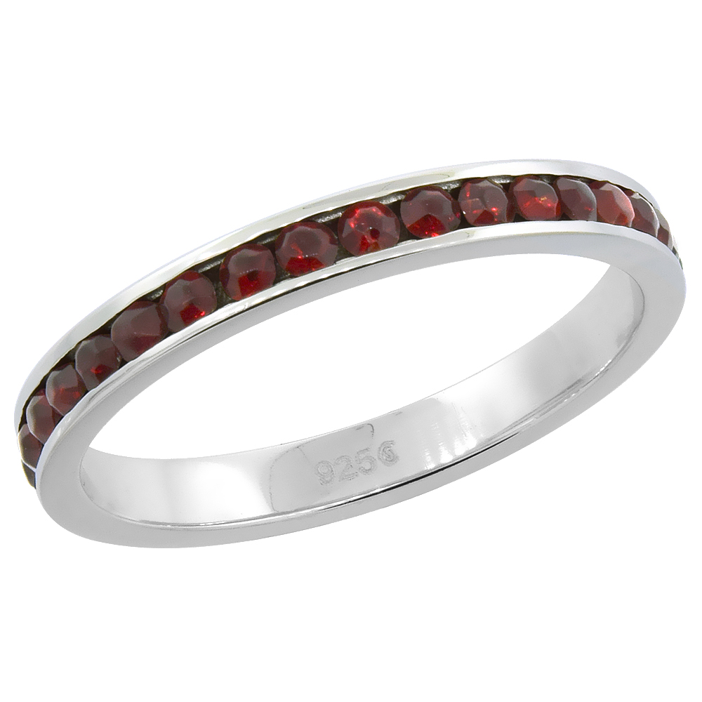 Sterling Silver Stackable Eternity Band, January Birthstone, Garnet Crystals, 1/8" (3 mm) wide
