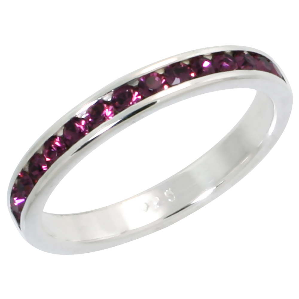 Sterling Silver Stackable Eternity Band, February Birthstone, Amethyst Crystals, 1/8" (3 mm) wide