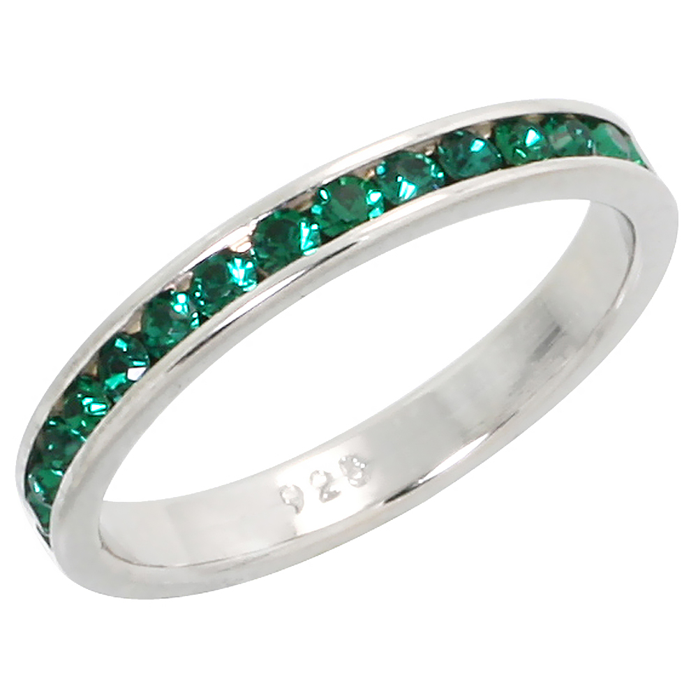 Sterling Silver Stackable Eternity Band, May Birthstone, Emerald Crystals, 1/8" (3 mm) wide