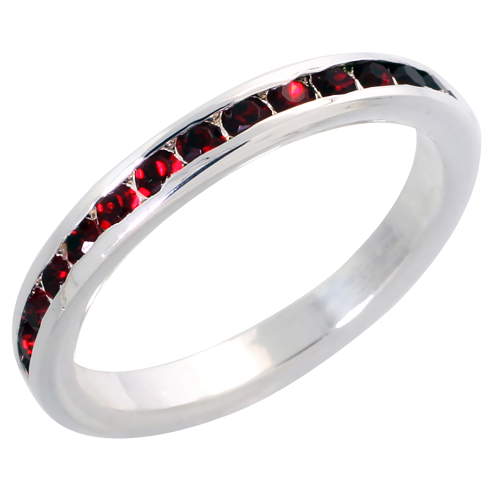 Sterling Silver Stackable Eternity Band, July Birthstone, Ruby Crystals, 1/8" (3 mm) wide