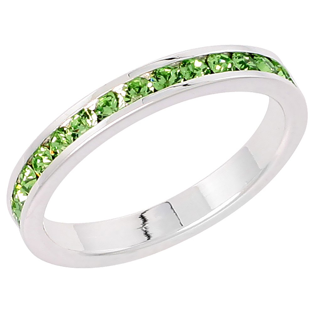 Sterling Silver Stackable Eternity Band, August Birthstone, Peridot Crystals, 1/8" (3 mm) wide
