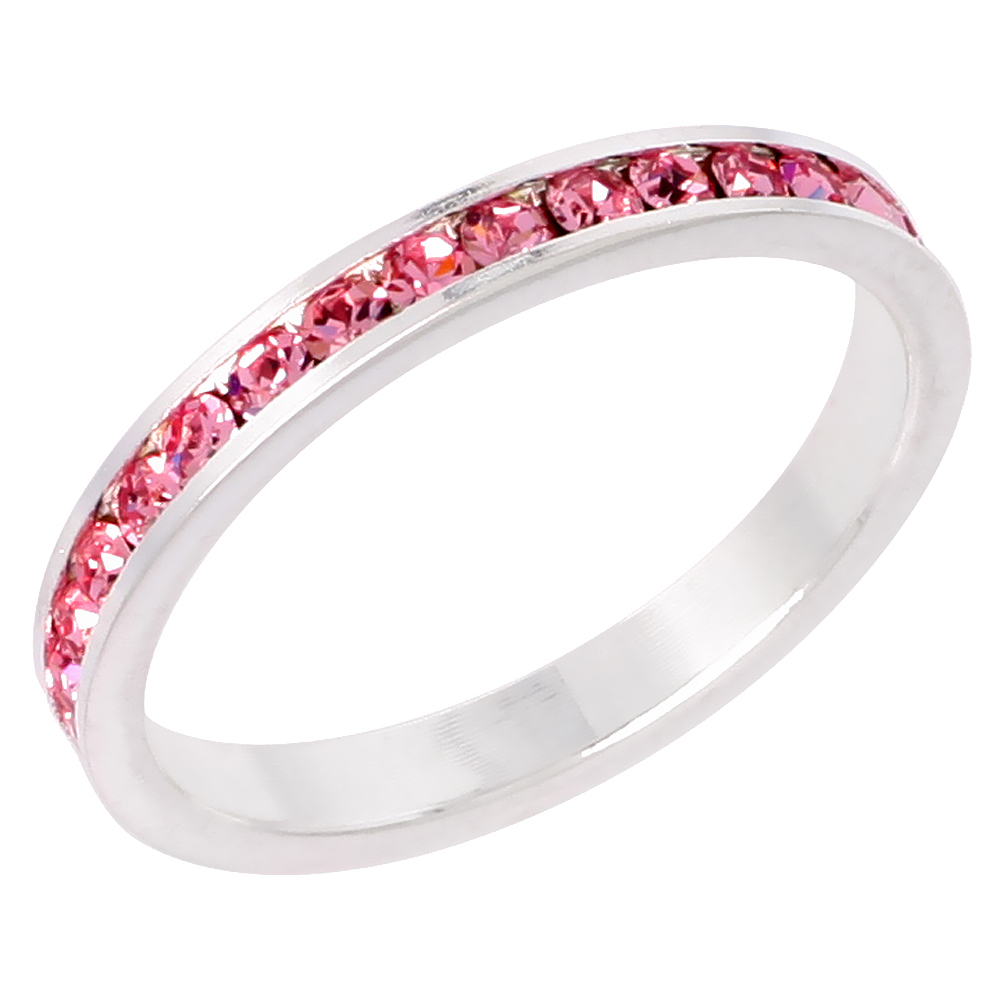 Sterling Silver Stackable Eternity Band, October Birthstone, Pink Tourmaline Crystals, 1/8&quot; (3 mm) wide